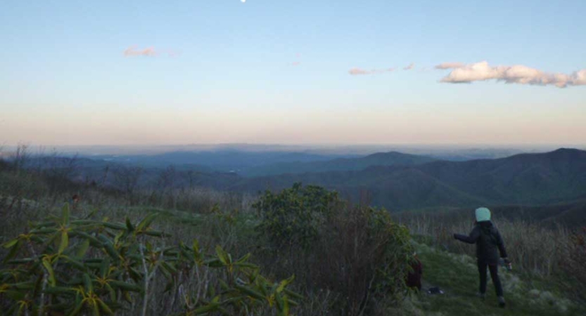 A person facing away from the camera looks out over the vast blue ridge mountains. 